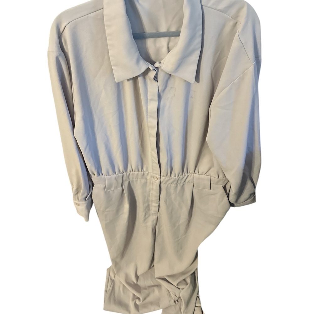 Fashion cream button down long sleeve jumpsuit suit with belt size xxl pockets